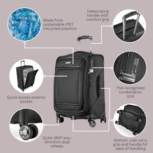 Ricardo Beverly Hills Avalon Softside Luggage Made with Sustainable 100% Recycled PET (rPET), Lightweight, Eco-Friendly Travel, Expandable, Dual Spinner Wheels, Black, 20-inch