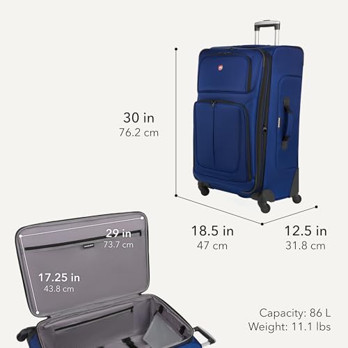 SWISSGEAR Sion Softside Expandable Spinner Luggage Durable Lightweight Travel Suitcase, Blue, Checked-Large