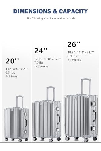 HotWay 26 Inch Aluminum Frame Luggage with Spinner Wheels, PC Hard Shell Suitcase with Cup Holder, Zipperless Luggage for Business Travel, Silver