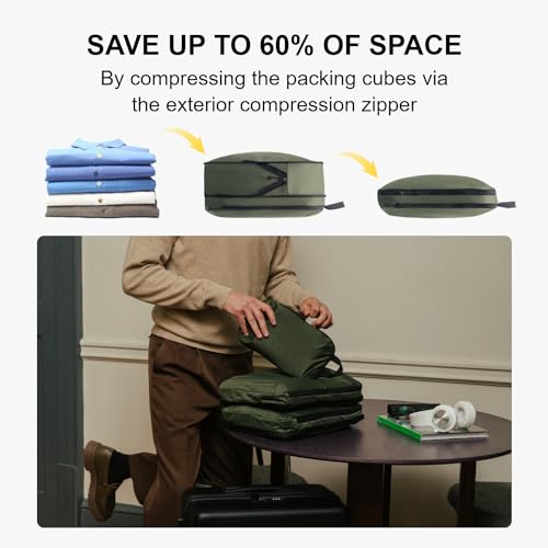 LEVEL8 Compression Packing Cubes for Suitcase, 6 Set Travel Bags with Shoe Organizer, Packing Organizers Travels Accessories in 4 Sizes (Extra Large, Large, Medium, Small), Green