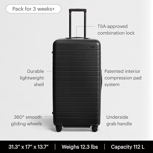 Away Trunk Checked Luggage - 31-Inch Lightweight Hardside Suitcase with 360° WhisperGlide Spinner Wheels, Interior Compression System, TSA-Accepted Lock - Jet Black