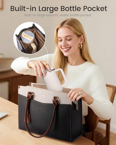 LOVEVOOK Laptop Bag for Women, 2-in-1 Tote Purse with Clutch & Cup Holder, Waterproof Briefcase for Work Travel, Large Capacity Structured Work Bag 15.6 Inch, Black-Beige-Brown