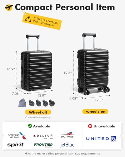 Lekesky 16 Inch Underseat Carry On Luggage Airline Approved, Small Hard Shell Suitcase with TSA Lock Spinner Wheels, Lightweight Personal Item Carry-On for Travel, Black