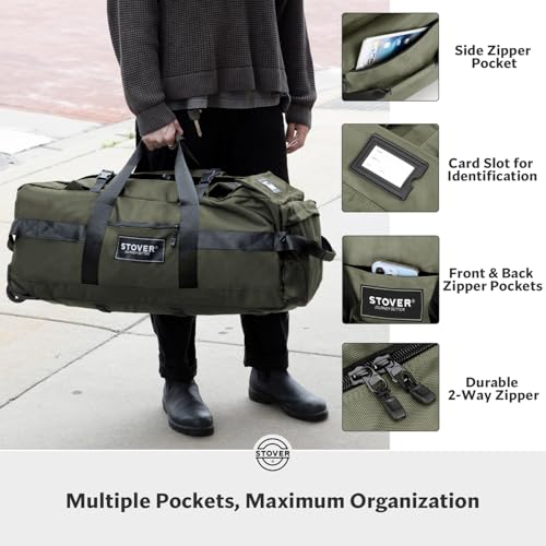 STOVER 45/80/100L Rolling Duffel Bag with Wheels, X-Large Durable Travel Duffle + Toiletry Bag, Heavy Duty, Packable with Shoulder Straps- Use as Luggage or Backpack, Men/Women (Green)