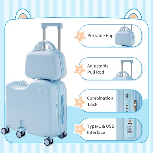 TABU Ride-on Luggage with Portable Bag for Kids，Hardshell Carry On Suitcase with Hidden Cup Holder, Foldable Pedal,Type-C & USB Interface, TSA Lock, 6-Spinner Wheels, Blue