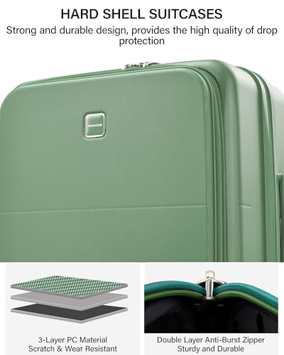 Hanke 20 Inch Expandable Carry On Luggage with Cup Holder 22x14x9 Airline Approved, Top Opening Hard Shell Suitcases with Wheels, Carry-On Travel Suitcase Trunk Luggage with Lock, Forest Green