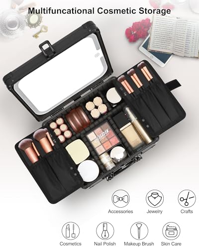 Relavel Makeup Bag with LED Mirror, Makeup Box Travel Train Case with Rechargeable Lighted Mirror & Adjustable Dividers, Cosmetic Brush Organizer Storage for Makeup Artists Gifts for Women and Girls