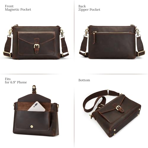 S-ZONE Genuine Leather Crossbody Bags for Women Trendy RFID Blocking Shoulder Bag Purse Handbag with Zipper Pocket - Dark Brown