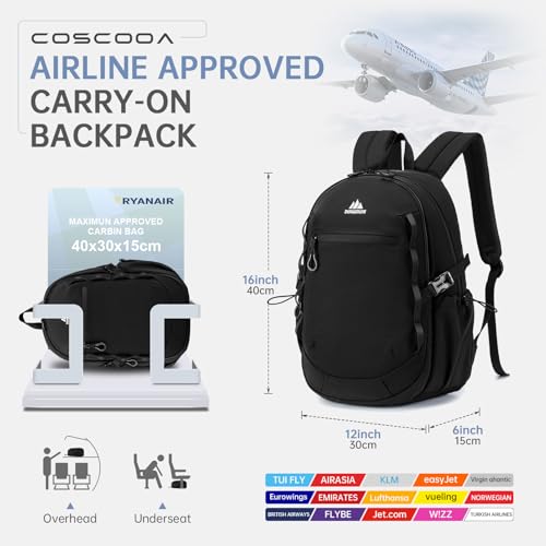 COSCOOA 40x30x15cm Personal Item Travel Backpack,16"x12"x6" Small Carry-On Bag 20L, Flight-Approved Underseat Luggage, Mochila de Viaje,Cabin-Size Lightweight Backpack for Men & Women
