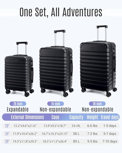 LIGHT FLIGHT Luggage Sets, 3 Piece Durable Suitcase Set with Spinner Wheels, 3 Pcs Hardside Lightweight luggage with TSA Lock, Large Checked Travel Suitcases, 20/24/28 Inch, Black