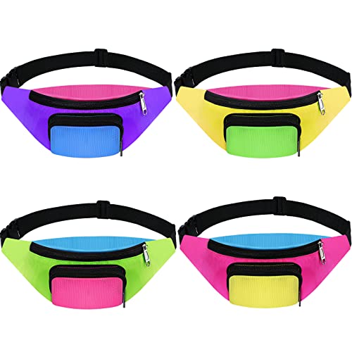 Xuniea 4 Pcs Retro 80s 90s Fanny Pack Retro Belt Bag 2 Pockets Neon Fanny Small Waist Packs for Jogging Traveling Carnival Party Costumes Holiday Festival 80s Theme Party