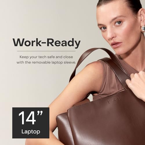 July Juliette Soft Work Tote - Tote Bag for Women with Laptop Sleeve, Detachable Crossbody Strap, Pass-Through Band, Drink Bottle Holder, Modern Tote Bag for Work & Travel, 18L - Chocolate Brown