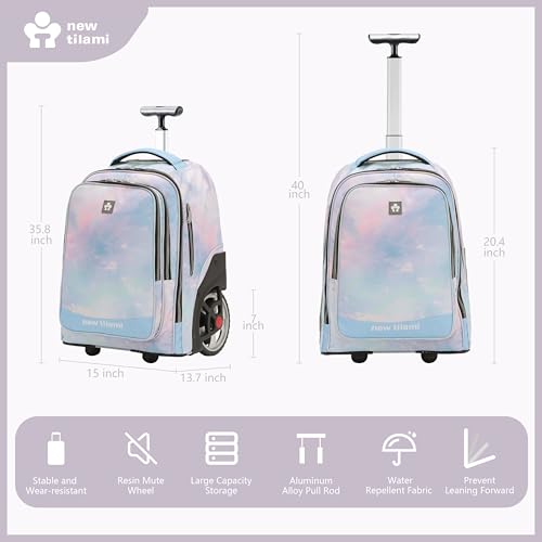 NEW TILAMI 20" Rolling Backpack for Teens Adults, Climbing Stairs Waterproof Backpack with Wheels for School Business Trave Camping with Laptop Compartment, Fit 17 Inch Laptop, Pink Blue Doodle