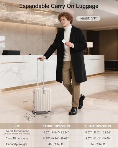 Hanke 20 Inch Expandable Carry On Luggage Airline Approved Top Opening Hard Shell Suitcases with Wheels Lightweight Travel Luggage Carry On Suitcase for Woman Men-Ivory White