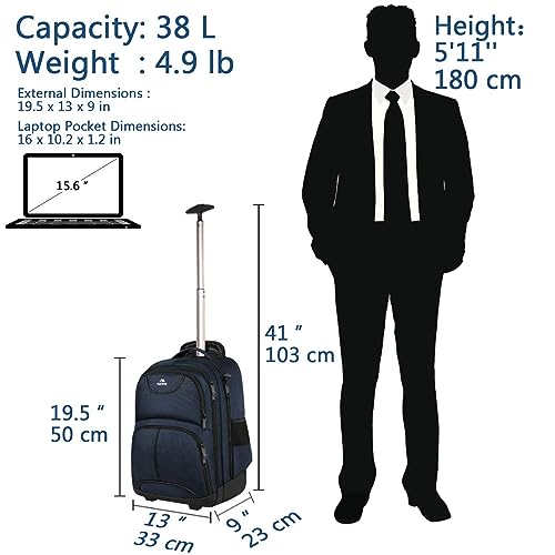 MATEIN Backpack with Wheels, Travel-friendly Rolling Laptop Backpack for Men Women, Freewheel Carry on Luggage Business bag, Compact College Trolley Suitcase Computer Bag fit 17 inch Notebook, Blue