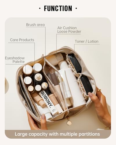 EACHY Travel Makeup Bag, Large Capacity Cosmetic Bags for Women, Waterproof Portable Open Flat Toiletry Bag Make up Bag with Divider and Handle, Christmas Gifts (White, Medium)