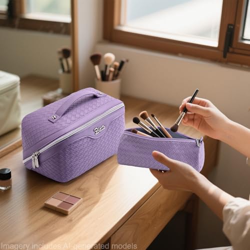 BOYATU Travel Makeup Bag Cosmetic Bags for Women: Large Capacity 3 Pcs Set Make up Bag with Compartments - Waterproof Vegan Leather Toiletry Organizer Bags with Handle (L01 Purple)