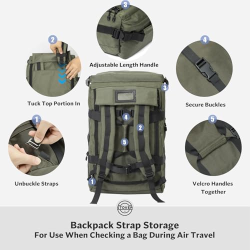 STOVER 45L Carry-On U-Zip Rolling Duffel Bag with Wheels, Medium Durable Travel Duffle w/Toiletry Bag, Heavy-Duty, Packable, Foldable w/Shoulder Straps- Use as Luggage or Backpack, Men/Women (Green)