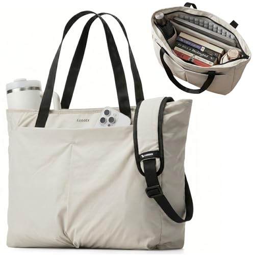 LUGGEX Laptop Tote Bag,13-16 Inch Laptop Lightweight Work Tote, 20L Water-Resistant Nylon Computer Shoulder Bag with Padded Sleeve, Bottle Holders & Luggage Strap (LTX04, Beige)
