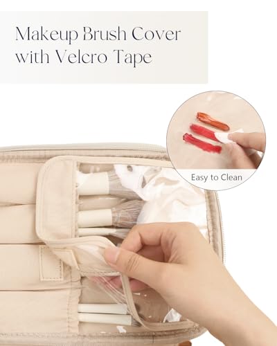 Prite Makeup Bag, Large Capacity Cosmetic Bag for Women and Girls, Waterproof PU Leather Travel Makeup Case, Toiletry Organizer with Handle and Divider for Skincare and Brushes - Beige
