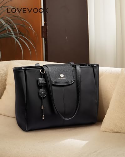 LOVEVOOK Laptop Tote Bag for Women,Nylon Work Totes with 15.6 Inch Laptop Compartments, Lightweight Fashion Purse with Large Cup Holder,Travel Tote with Luggage Straps