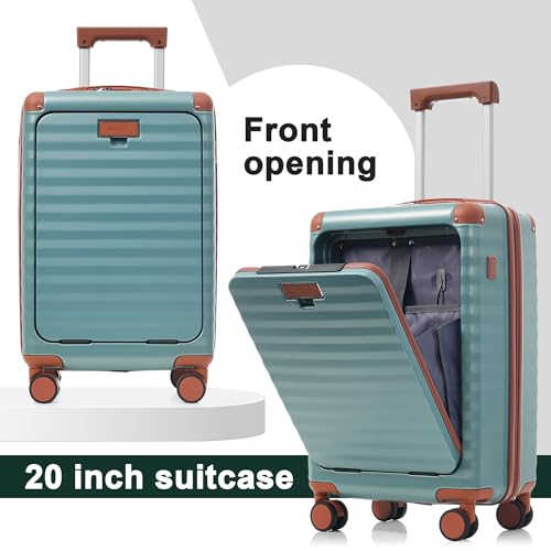 Merax 5 Piece Luggage Set Front Opening Expandable Hardside Carry On Suitcase with Double Spinner Wheels TSA Lock USB Port and Cup Holder,20" 24" 28"(Antique blue green)