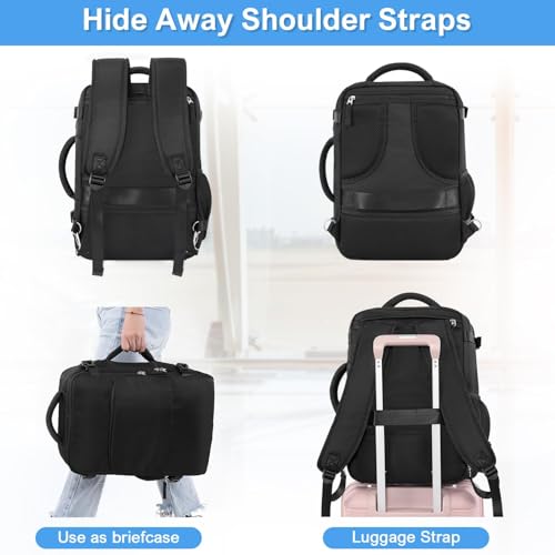 Sinaliy Travel Backpack for Men Women, Airline Approved Carry on Personal Item Bag, Waterproof 16 Inch Laptop Backpack for Work, College School Business, Convertible Travel Bag with Wet Pocket, Black