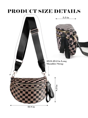 Black and White Checkered Crossbody Bum Bag for Women,Spacious Checkered Purse Fanny Packs Belt Bag Sling Bag with Shoulder Strap (khaki Checkered)