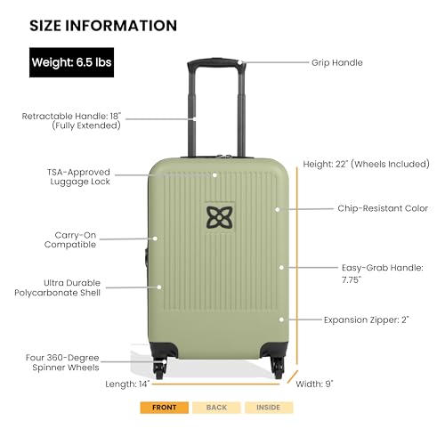 Sherpani Meridian, 22 Inch Carry On Luggage Airline Approved, Rolling Hardside Suitcase 22x14x9, Travel Luggage for Women, Expandable Suitcase, Travel Gift (Sage)