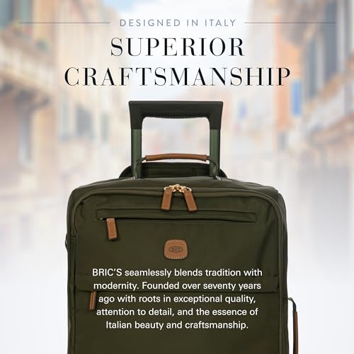 Bric's X-Travel 21” Carry-On Spinner – Airline Approved Luxury Softside Luggage with 360° Wheels, Recycled Water-Resistant Fabric, Interior Pockets, and Leather Details – Olive
