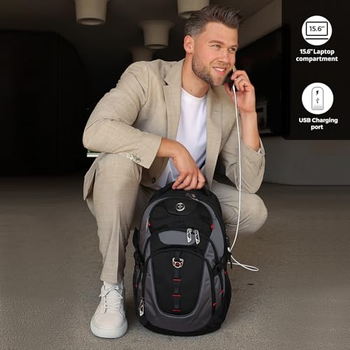 Swissdigital Design Laptop Backpack with USB Charging Port, Travel Backpack Fits 15.6 inches Computer, 31L College School Backpack for Men, Black/Grey | SD803-02