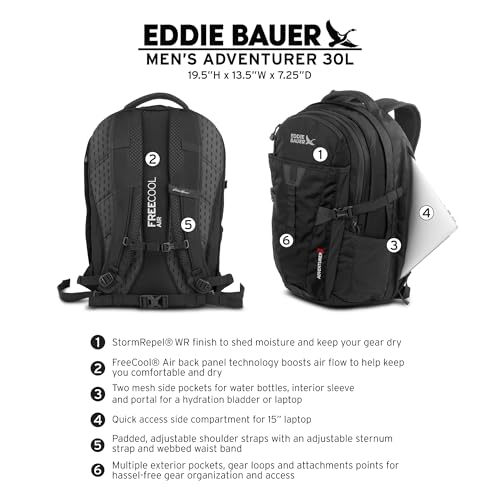 Eddie Bauer Adventurer Backpack with Organization Compartments and Hydration/Laptop Compatible Sleeve, Adventurer - Black, 30L
