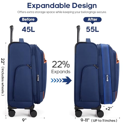 UKEIN Softside Expandable Carry On Luggage 22x14x9 Airline Approved, 20 Inch Suitcase with Wheels & TSA Lock, Travel Suitcase with 4-Piece Packing Bags for Women Men
