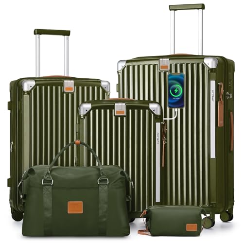 Joyway 5 Piece Luggage Set with Cup Holder, Expandable 25% Capacity, Includes Handbag, Anti Slip Wheels, Hook, Smart Carry On Suitcase for Men and Women, Spinner Travel DarkGreen