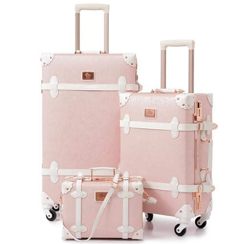 urecity Vintage Luggage Sets of 3 Piece - Hardside Lightweight Spinner Suitcases - Retro Travel Set includes Under Seat Train Case, 26"+20"+12" (Elegant Pink)