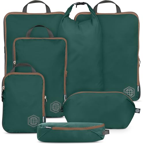 Large Compression Packing Cubes for Travel-Packing Cube Luggage Organizers 7 Piece Set for Checked Luggage-Ultralight, Expandable/Compression Bags by TRIPPED Travel Gear (Green and Brown)