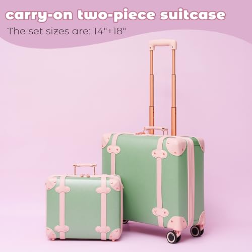 Miss.Box Vintage Carry On Luggage Set with Wheels for Women, Retro Trunk Style PU Leather Suitcase with Matching Vanity Case, 14” & 18” Set