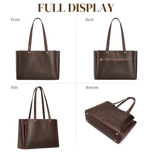 S-ZONE Genuine Leather Tote Bag for Women Work Large Shoulder Handbag with Zipper Compartment for Travel Professional (dark brown)
