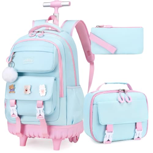 3-IN-1 Rolling Backpack for Girls with Lunch Bag Pencil case, Kawaii Backpack with Wheels for Girls, Roller School Bag with Wheels for Teen Elementary School Bookbags with Cute Pins Aquamarine-Pink