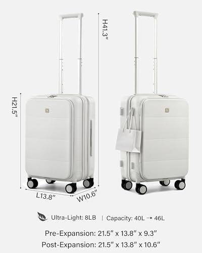 Hanke Hardside Expandable Carry On Luggage, 20 Inch Top Opening Trunk Luggages with Spinner Wheels, All-PC Hard Shell Carry-On Suitcase, Lightweight & TSA Airline Approved (Smoke White, 46L)