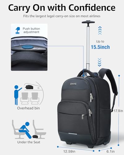Ponhog Rolling Backpack, 30L Travel Laptop Backpack with Wheels, 15.6 Inch Roller Carry on Luggage with USB Charging Port, Flight Approved Personal Item Wheeled Suitcase for Men Women Adults, Black