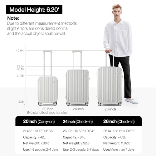 mixi Checked Luggage with Cup Phone Holder Hard Shell Rolling Travel Suitcase with Spinner Wheels,24 Inch Smoke White