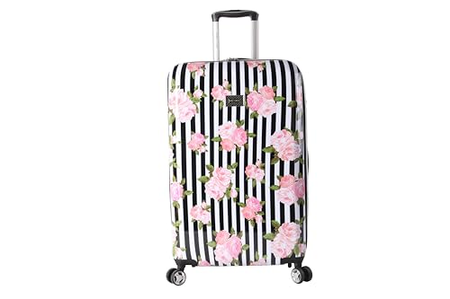 Betsey Johnson 26 Inch Checked Luggage Collection - Expandable Scratch Resistant (ABS + PC) Hardside Suitcase - Designer Lightweight Bag with 8-Rolling Spinner Wheels (Stripe Roses)