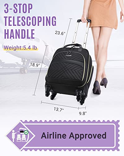 LIGHT FLIGHT Rolling Laptop Bag Women Men Rolling Briefcase 15.6 Inch Computer Bag with Spinner Wheels, Water-resistant Roller for Carry on Business Travel, Quilted Black