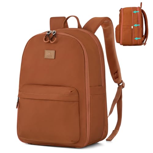 Hanke Expandable Laptop Backpack for Women and Men, 24L-30L Travel Backpack, 15.6 Inch College Laptop Bookbag for Work, Water Resistant Carry On Personal Item Bag, Caramel