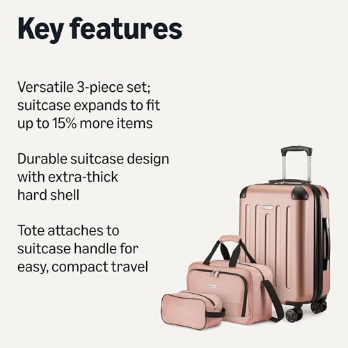 Amazon Basics 3-Piece Luggage Set, Including One 22" Expandable Hardside Suitcase With 8 Spinner Wheels, One 15-inch Tote Bag, and One 10-inch Compact Travel Bag, Rose Gold