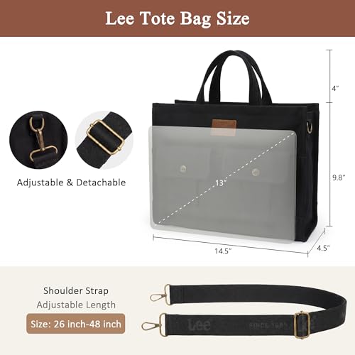 Lee Canvas Tote Bag for Women, Medium Women's Crossbody Bags Work Laptop, Zipper Handbag Purse, Adjustable Detachable Strap, Multi Compartment Shoulder Bag for Commute Travel, LEE53-006BK