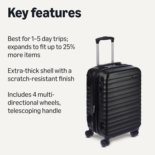 Amazon Basics 21" Hardside Carry-On Luggage with Spinner Wheels, Expandable for Up to 25% More Space, Scratch-Resistant Hard Shell, Telescoping Handle, Black