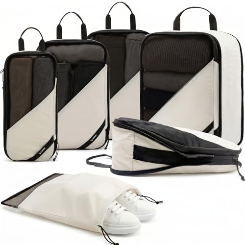 LUGGEX Compression Packing Cubes for Travel, 6 Set Lightweight Luggage Organizer Bags with Shoe Bag, Space Saving Suitcase Packing Cubes for Carry-On with Breathable Mesh, Double-Zipper (POX01, Beige)
