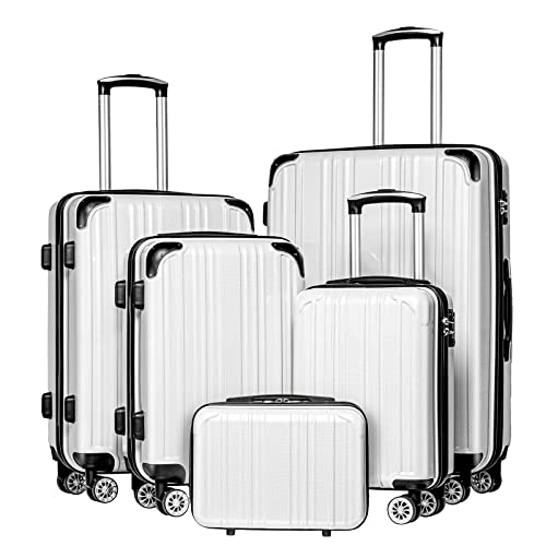 Coolife Luggage Expandable(only 28") Suitcase PC+ABS Spinner 20in 24in 28in Carry on (white grid new, 5 piece set)